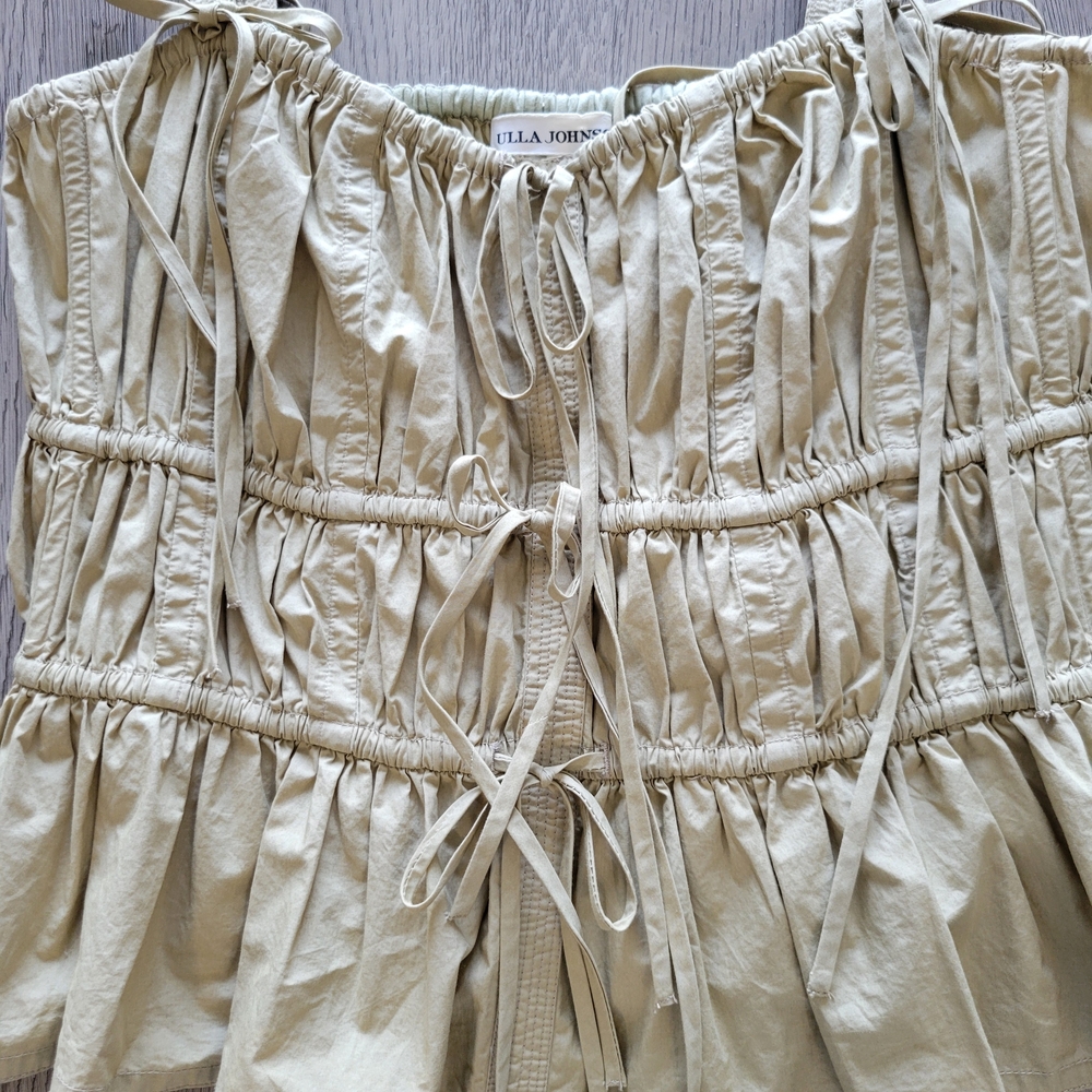 ULLA JOHNSON Lulu Beige Smocked Ruched Ruffle Tie Peplum Top Sz 6 Revolve Khaki - Picture 4 of 9